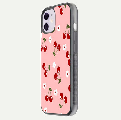 Cherry Love Mood Glass Case for iPhone 11 side-angle image capturing smooth gloss and delicate details