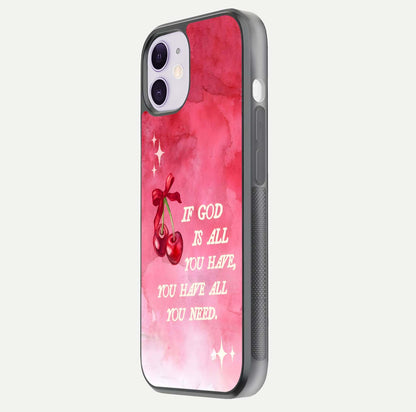 Cherry Quote Glass Case for iPhone 11 side-angle image showing curve glow and glass detail