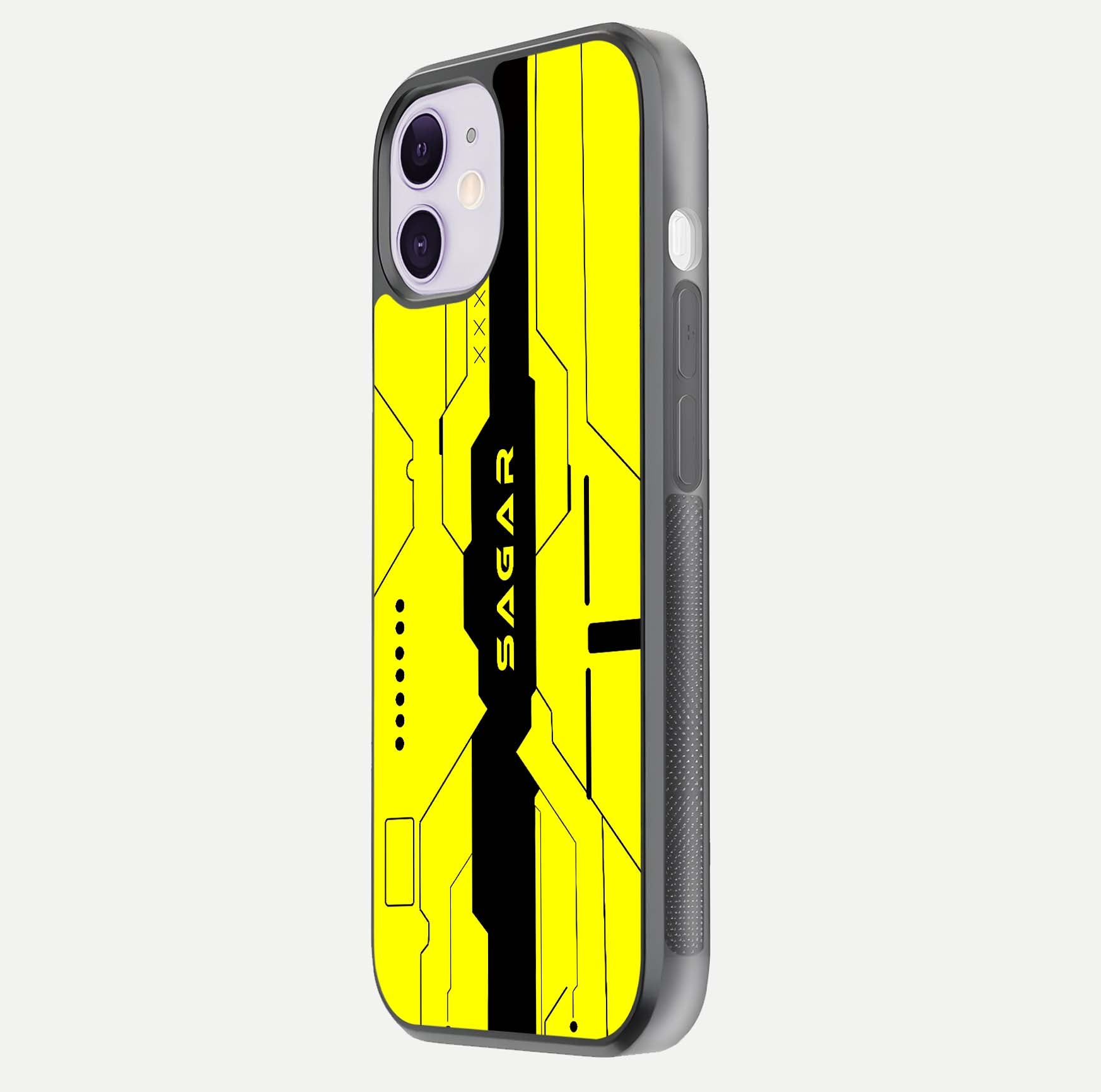 Circuit CYBERPUNK Custom Name Glass Case for iPhone 11 side-angle image showing reflective finish and design precision
