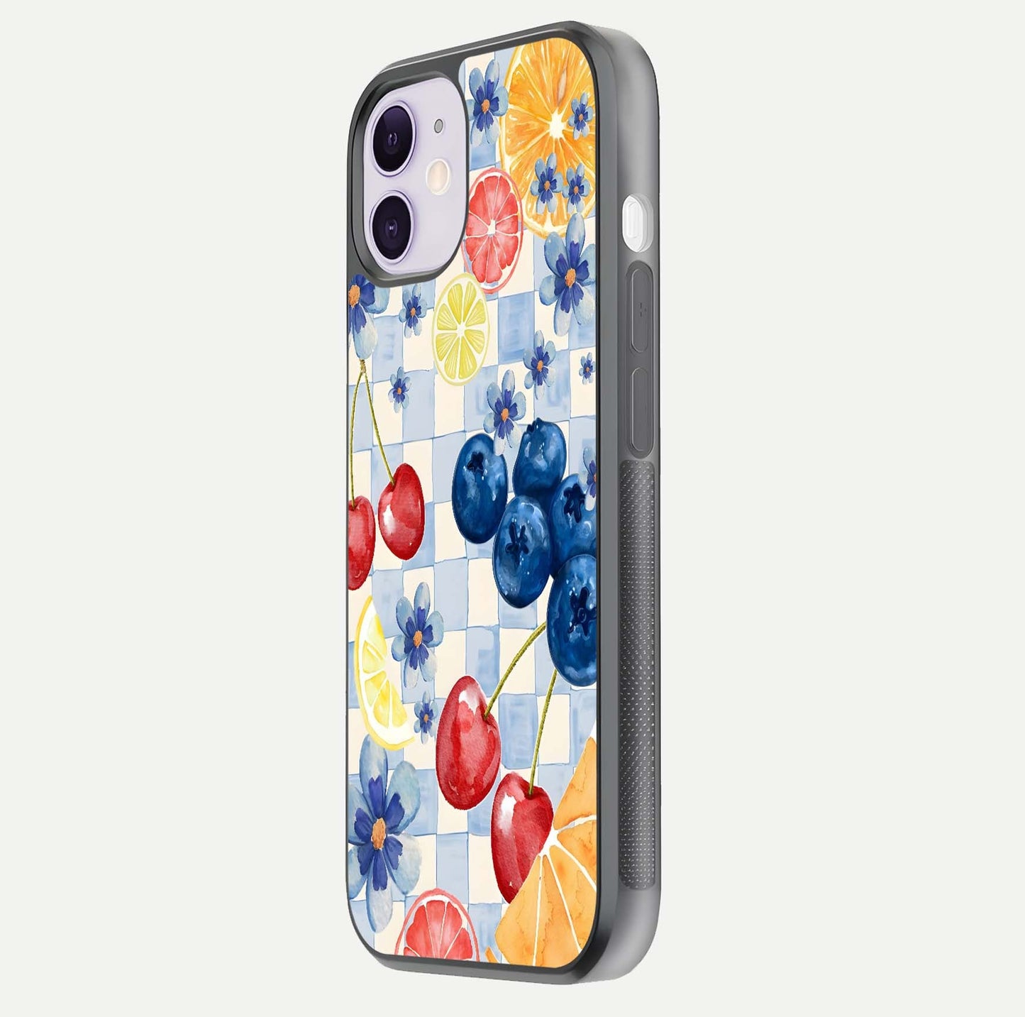 Citrus Bloom Joy Glass Case for iPhone 11 side-angle photo capturing bright color and glass reflection
