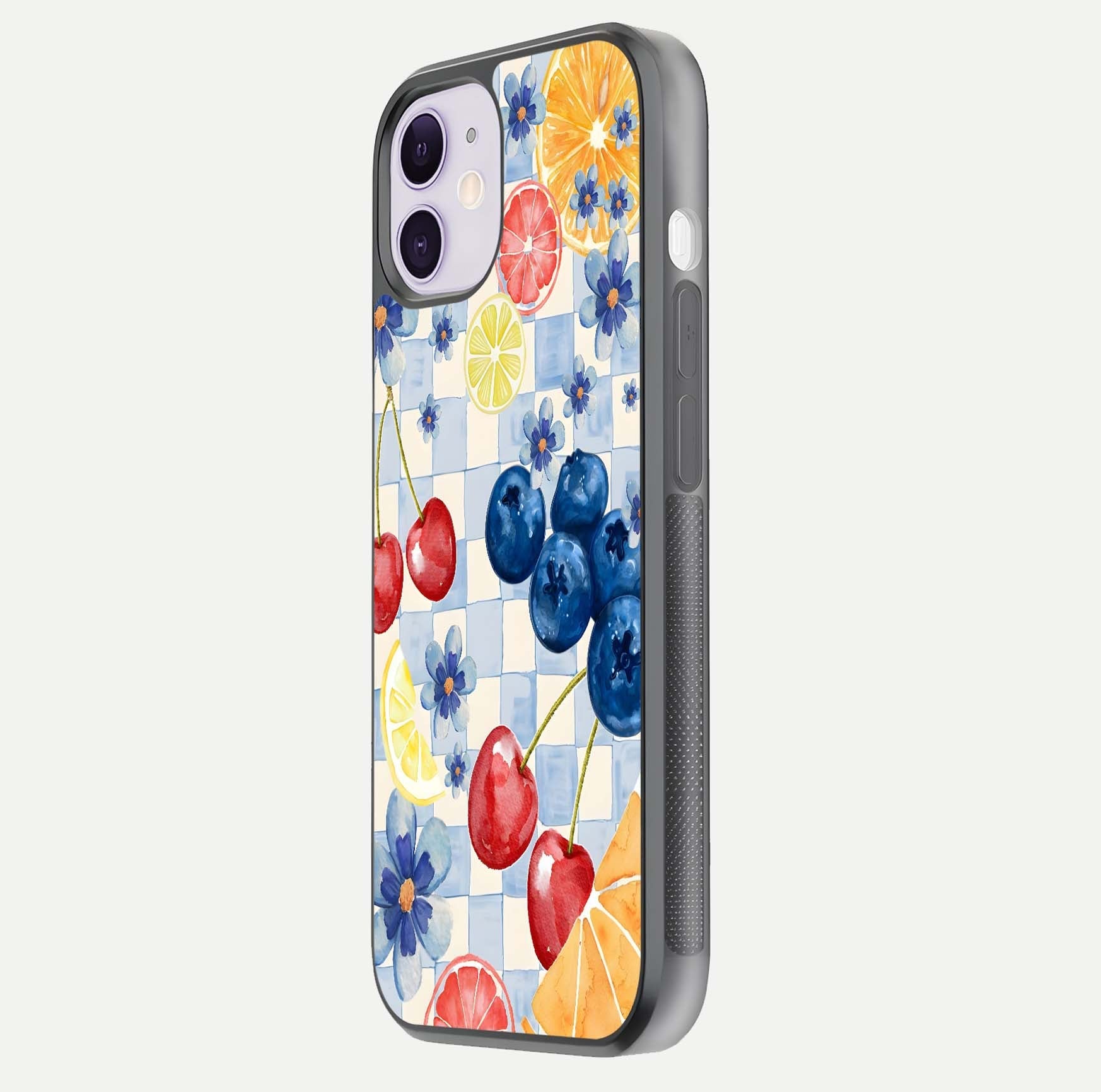 Citrus Bloom Joy Glass Case for iPhone 11 side-angle photo capturing bright color and glass reflection