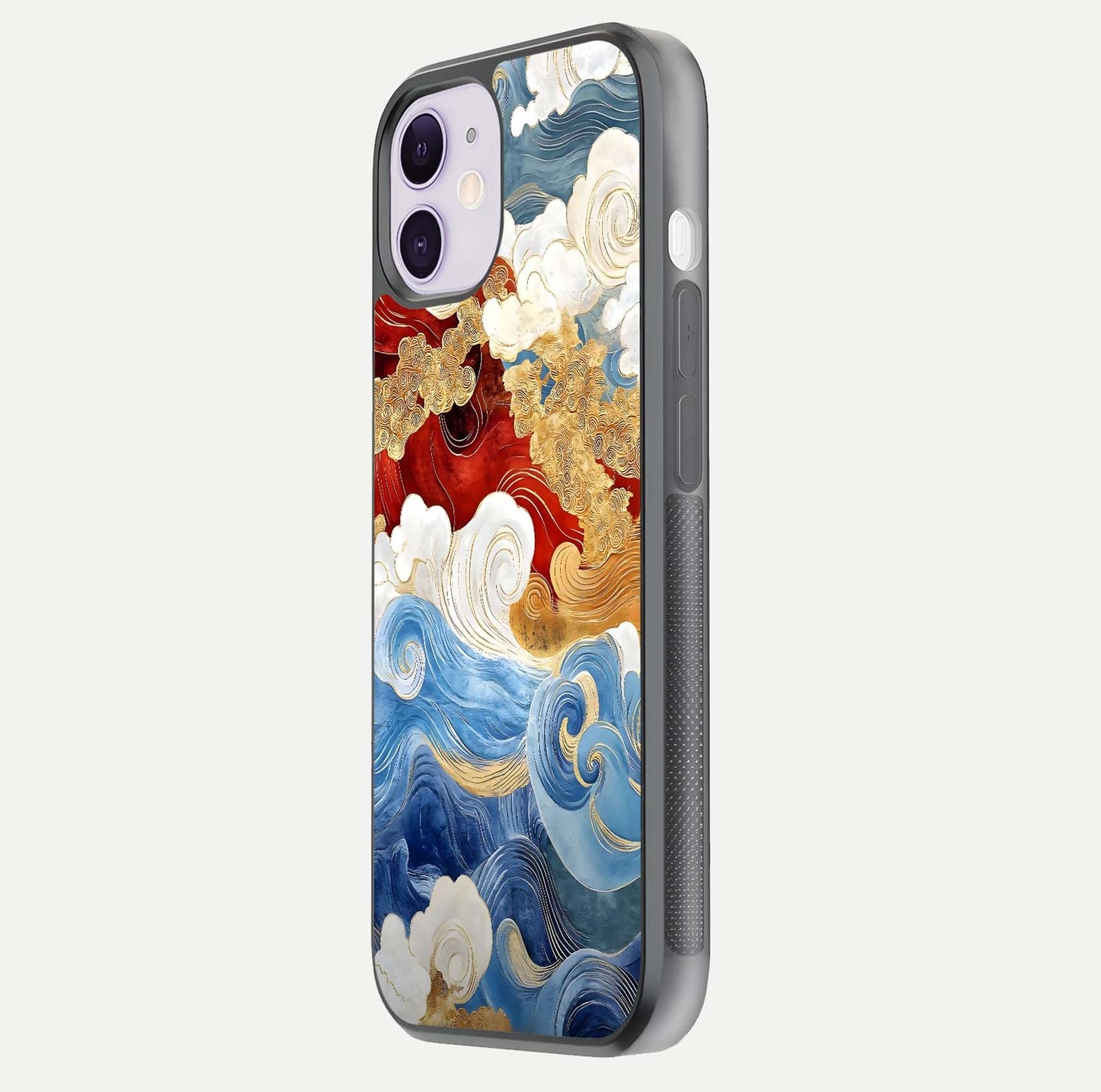 Colored Waves Glass Case for iPhone 11 side-angle image showing light reflection, edge design, and shine