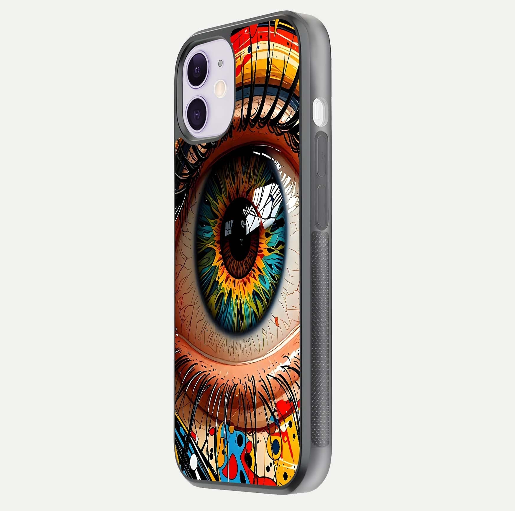 Colorful Eye Glass Case for iPhone 11 side-angle photo showing reflective surface and design detail