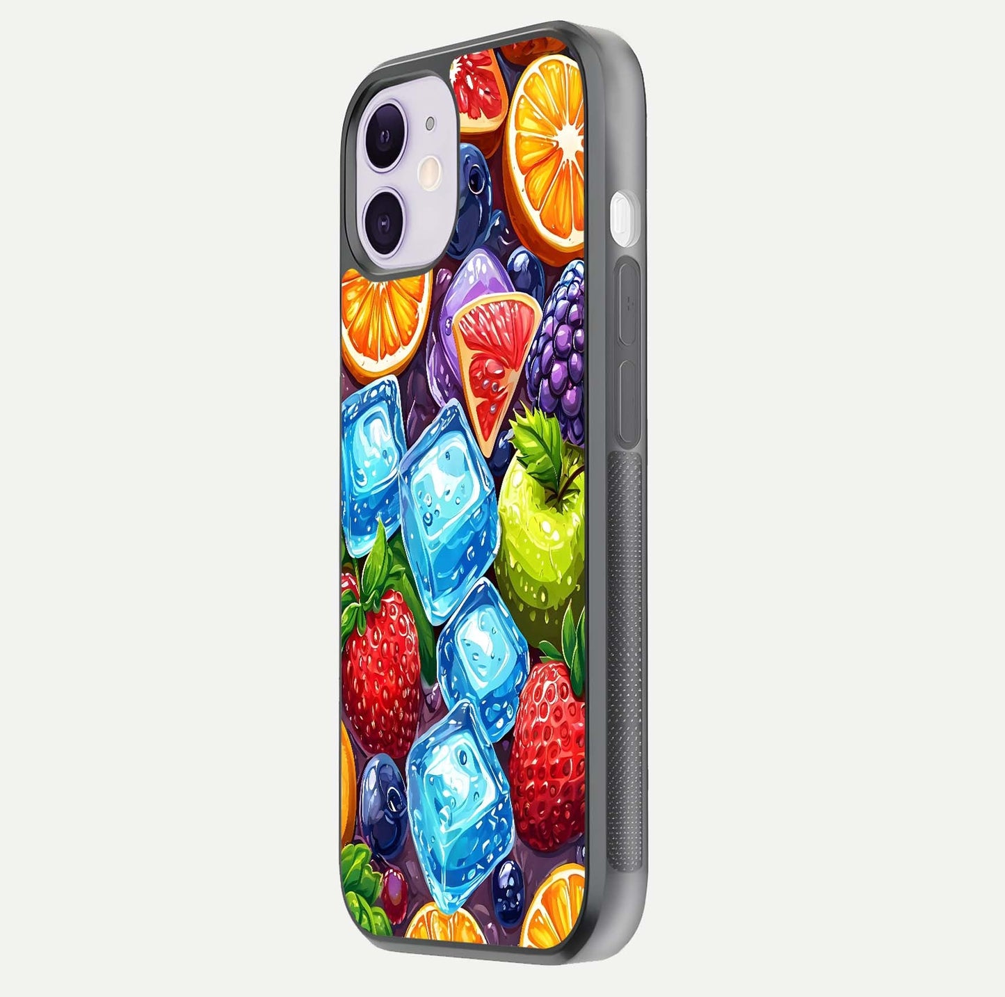Colorful Fruits with Ice Glass Case for iPhone 11 side-angle photo showing curve gloss and vivid tones