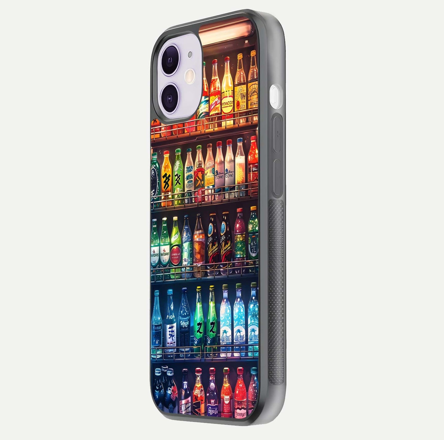 Colorful Soda Bottles Glass Case for iPhone 11 side-angle photo showing polish shine and texture depth