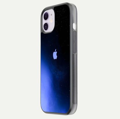 Cosmic Blue Apple Glass Case for iPhone 11 side-angle image showing curve polish and star detail