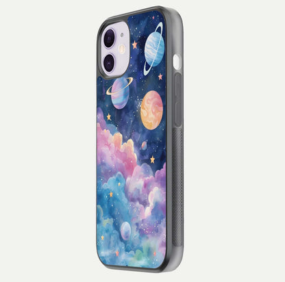 Cosmic Planet Dreams Glass Case for iPhone 11 side-angle image showing texture clarity and shine