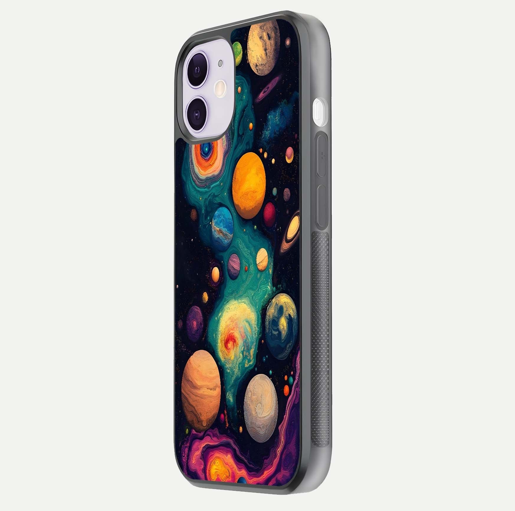 Cosmic Planet Journey Glass Case for iPhone 11 side-angle image capturing smooth gloss and reflective edges