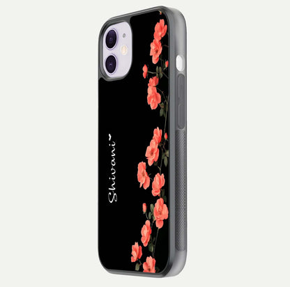 Crimson Bloom Grace Custom Name Glass Case for iPhone 11 side-angle photo capturing edge glow and name clarity