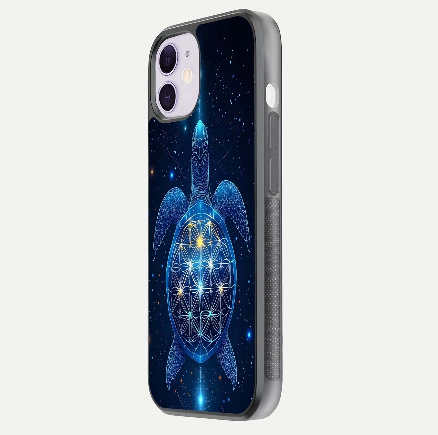 Crimson Blue Turtle Glass Case for iPhone 11 side-angle photo showing curved edge and glass gloss