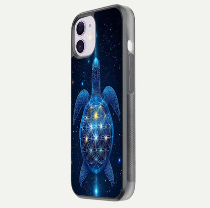 Crimson Blue Turtle Glass Case for iPhone 11 side-angle photo showing curved edge and glass gloss