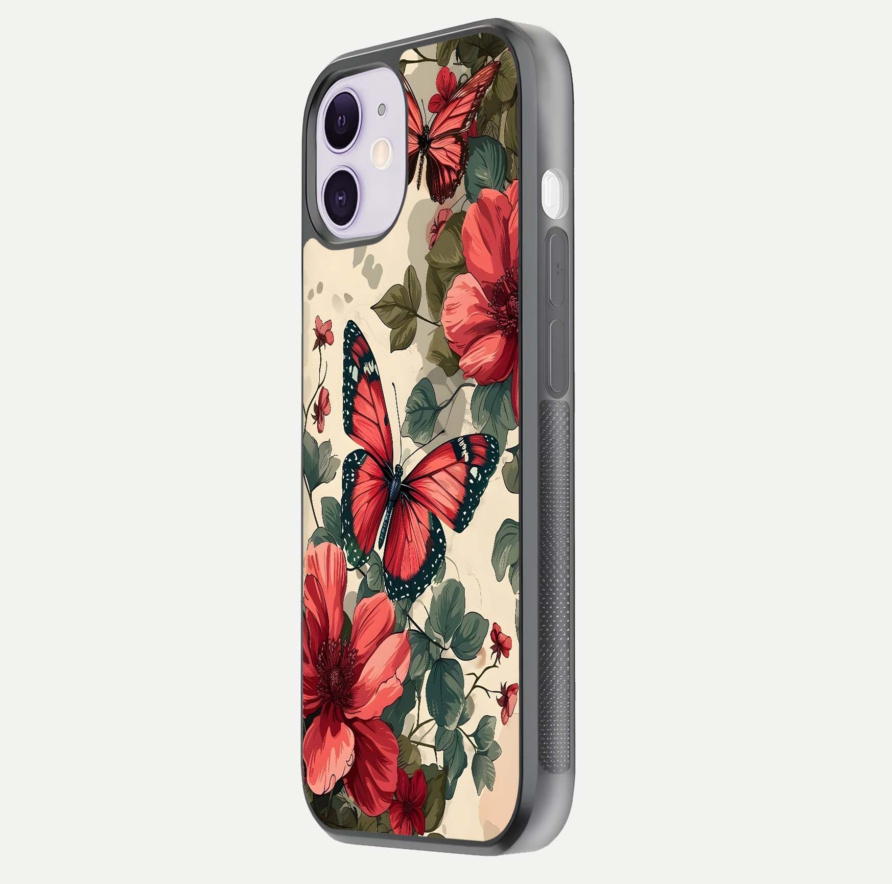Crimson Butterfly Garden Glass Case for iPhone 11 side-angle photo capturing gloss texture and soft tone