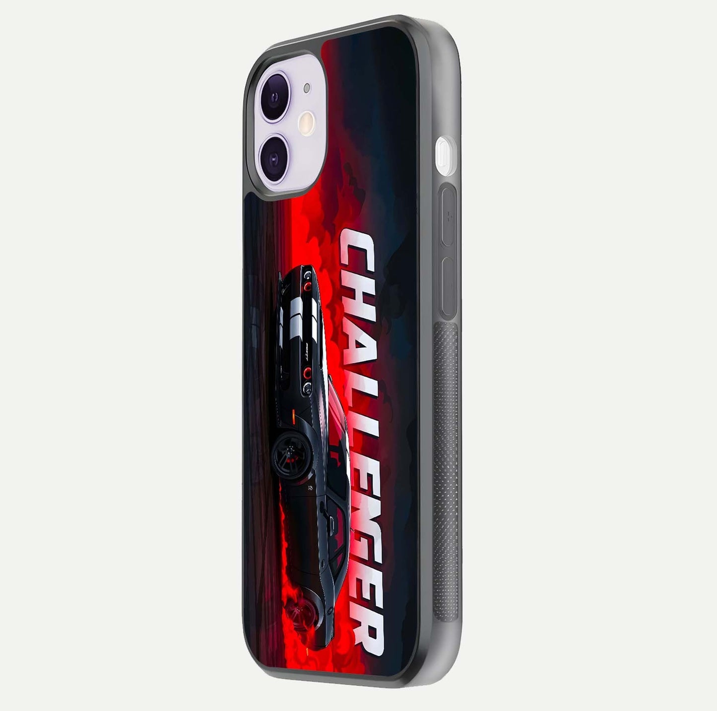 Crimson Challenger Fury Glass Case for iPhone 11 side-angle image showing curve reflection and red finish