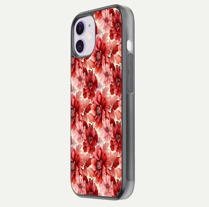 Crimson Love Petals Glass Case for iPhone 11 side-angle photo showing reflection glow and edge clarity