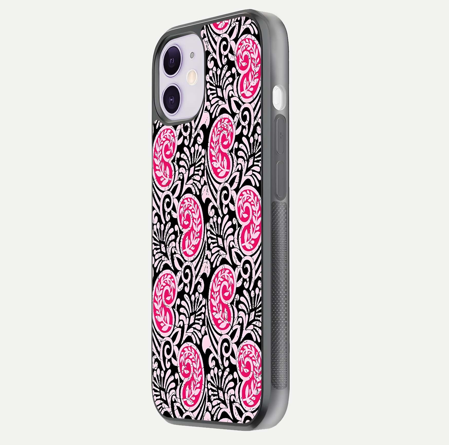 Crimson Paisley Charm Glass Case for iPhone 11 side-angle image showing reflection and smooth edges