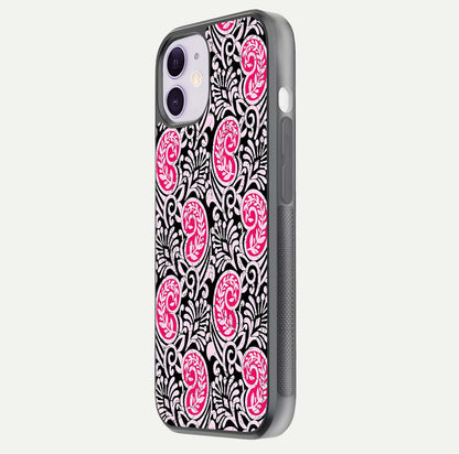 Crimson Paisley Charm Glass Case for iPhone 11 side-angle image showing reflection and smooth edges