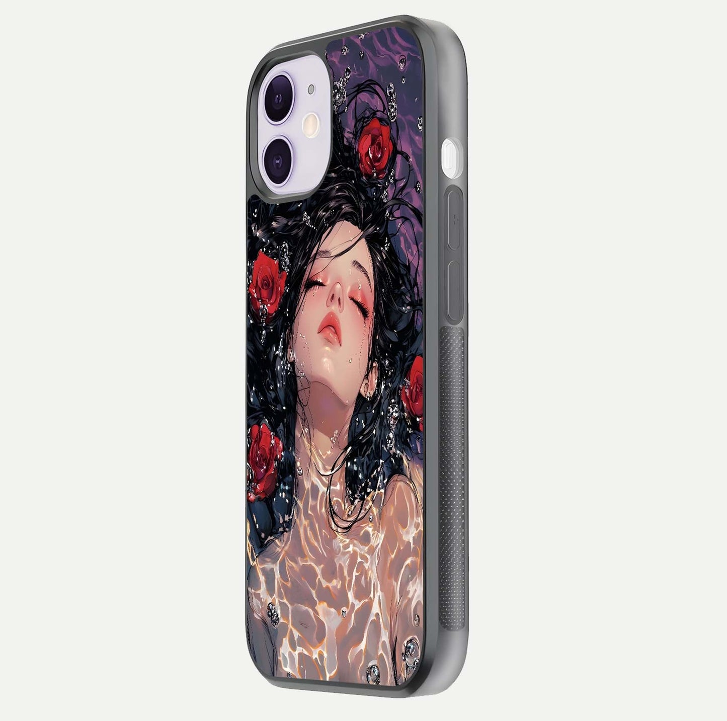 Crimson Rose Serenity Glass Case for iPhone 11 side-angle photo showing glass reflection and soft edges