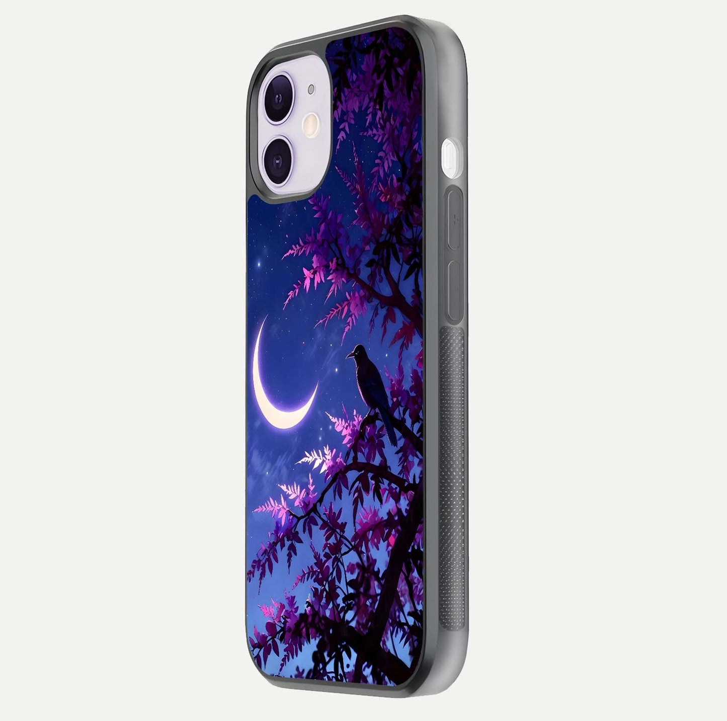 Crow & Moon Scenery Glass Case for iPhone 11 side-angle photo capturing glossy shine and artistic contrast