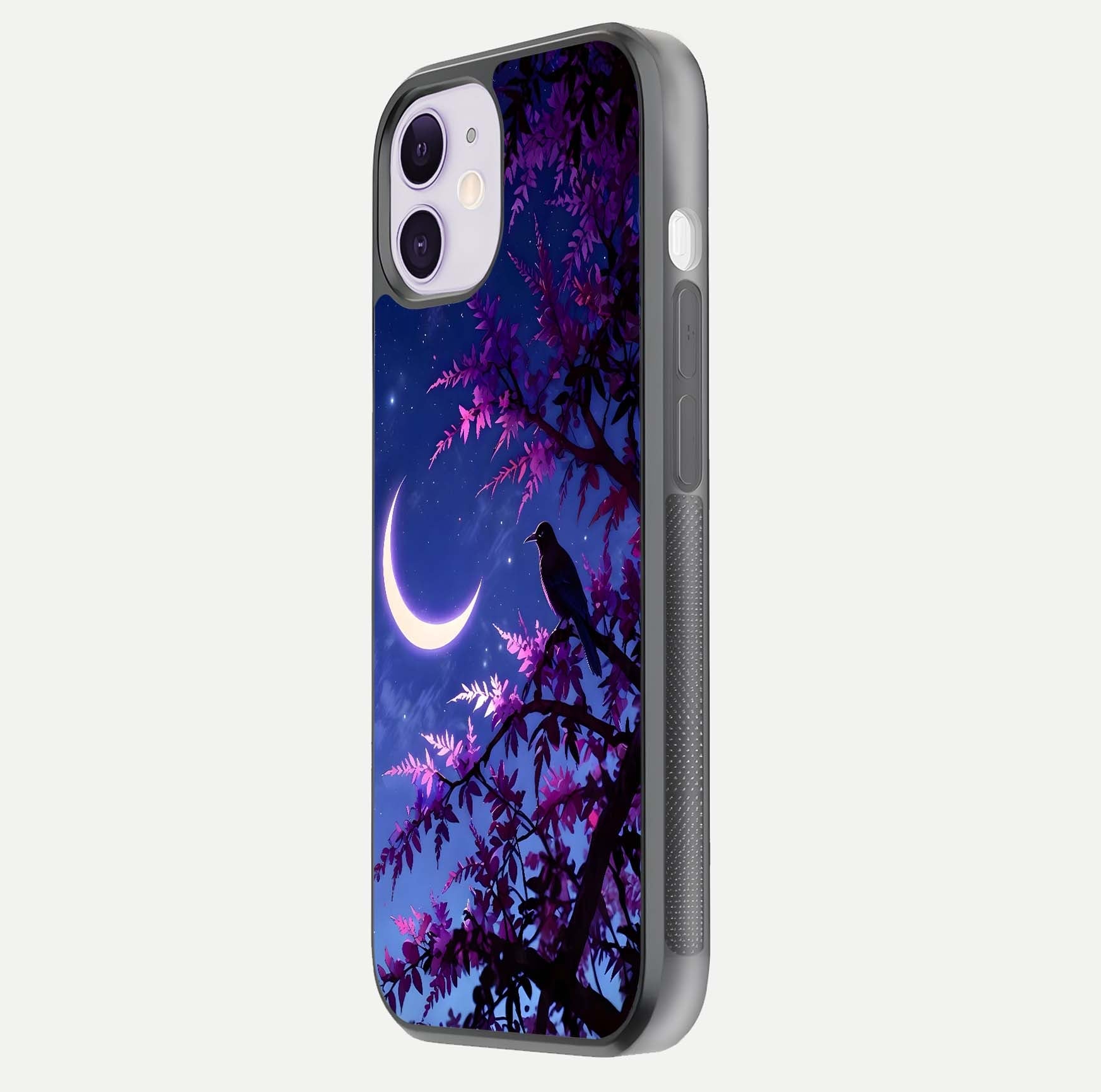 Crow & Moon Scenery Glass Case for iPhone 11 side-angle photo capturing glossy shine and artistic contrast