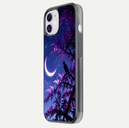 Crow & Moon Scenery Glass Case for iPhone 11 side-angle photo capturing glossy shine and artistic contrast