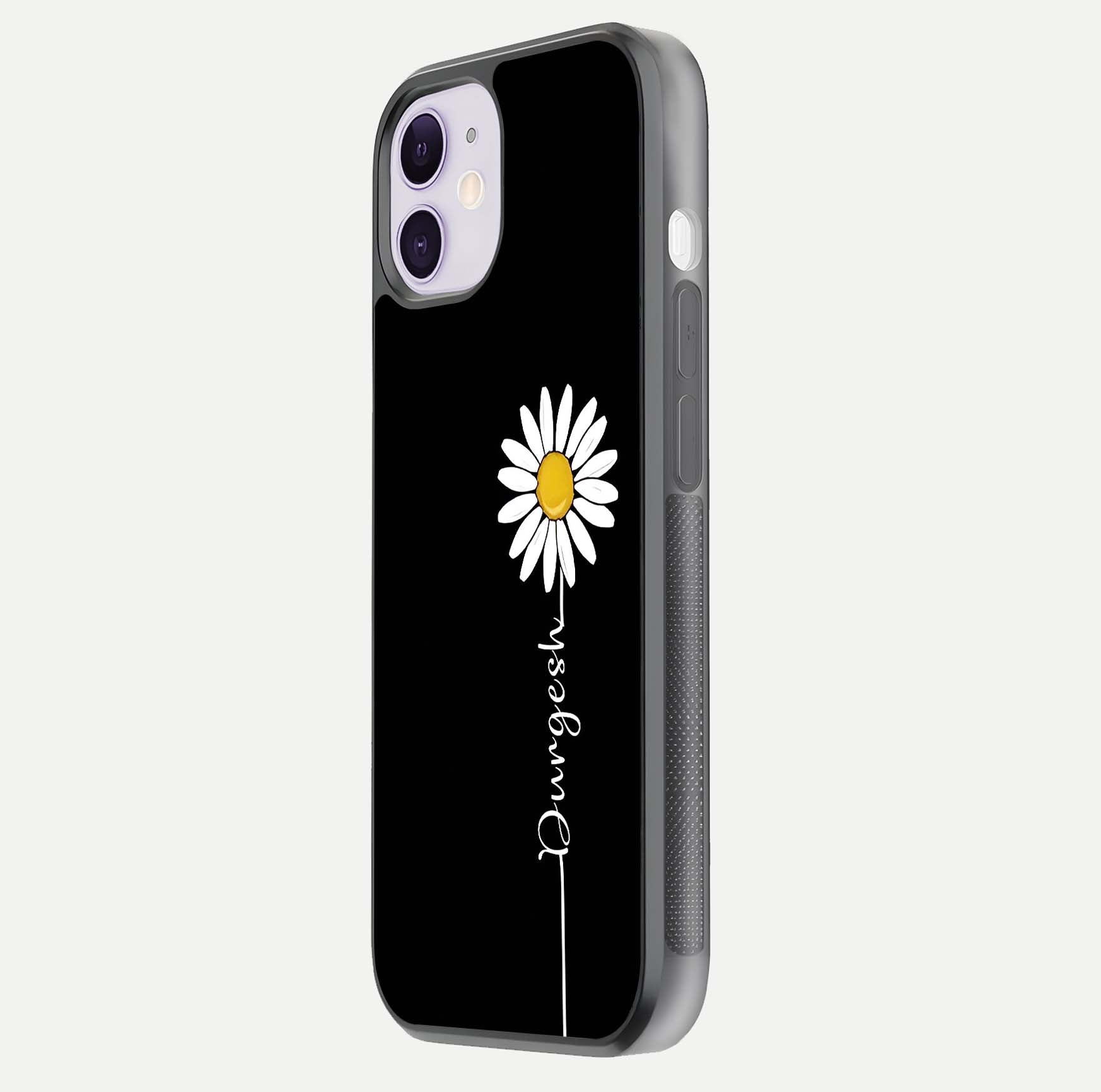 Custom Name White Flower Glass Case for iPhone 11 side-angle photo showing reflection shine and name clarity