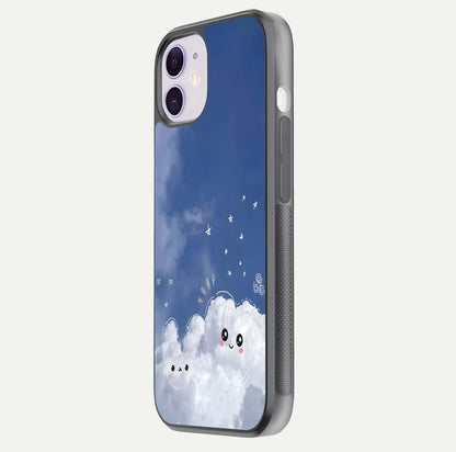 Cute Blossom Cloud Glass Case for iPhone 11 side-angle image capturing gloss texture and curve reflection