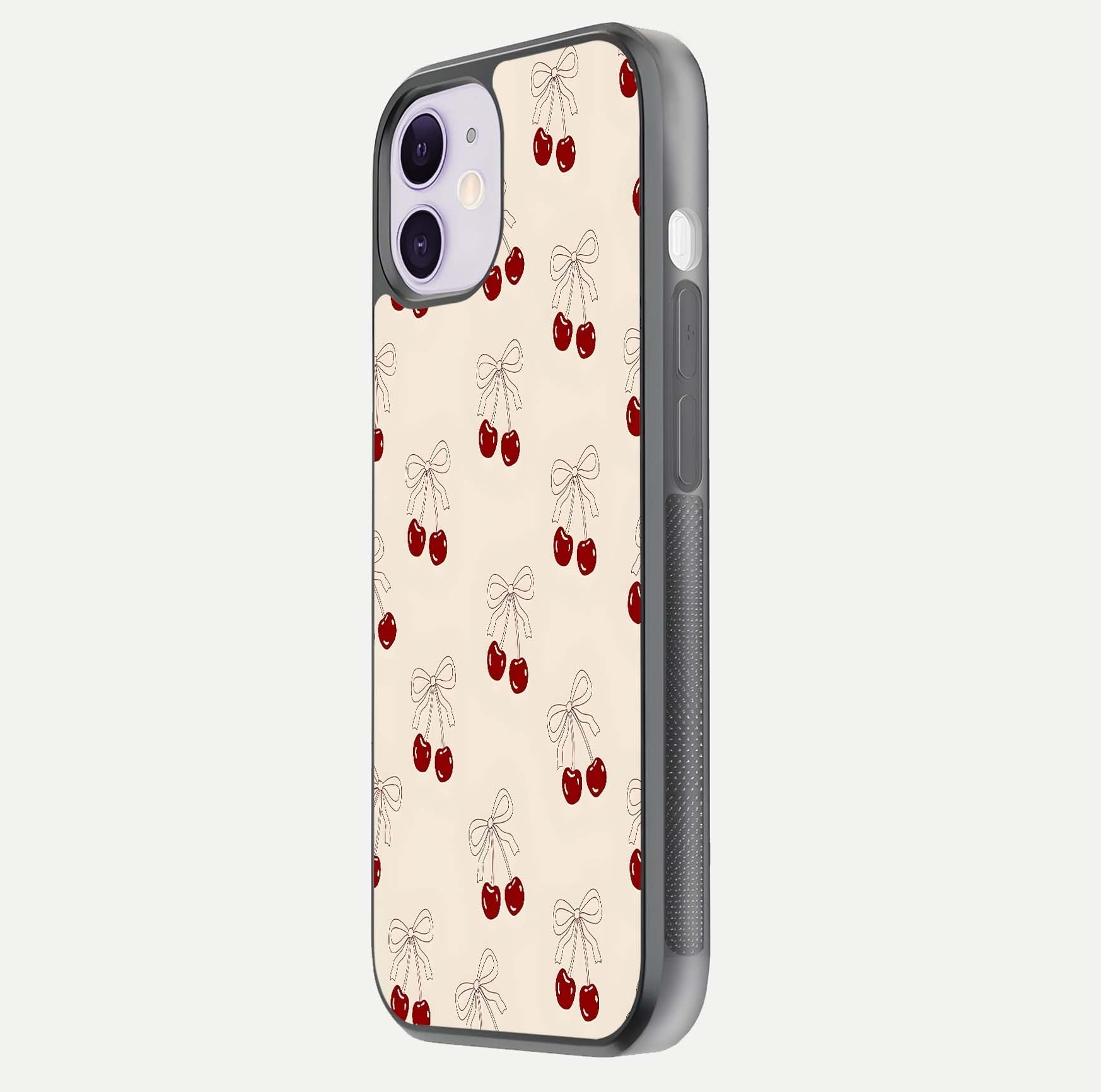 Cute Cherry Pattern Glass Case for iPhone 11 side-angle photo highlighting gloss curve and pattern clarity