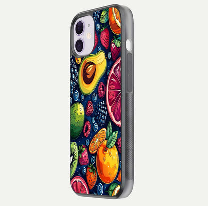 Cute Fruits Art Glass Case for iPhone 11 side-angle photo showing reflective finish and smooth edges