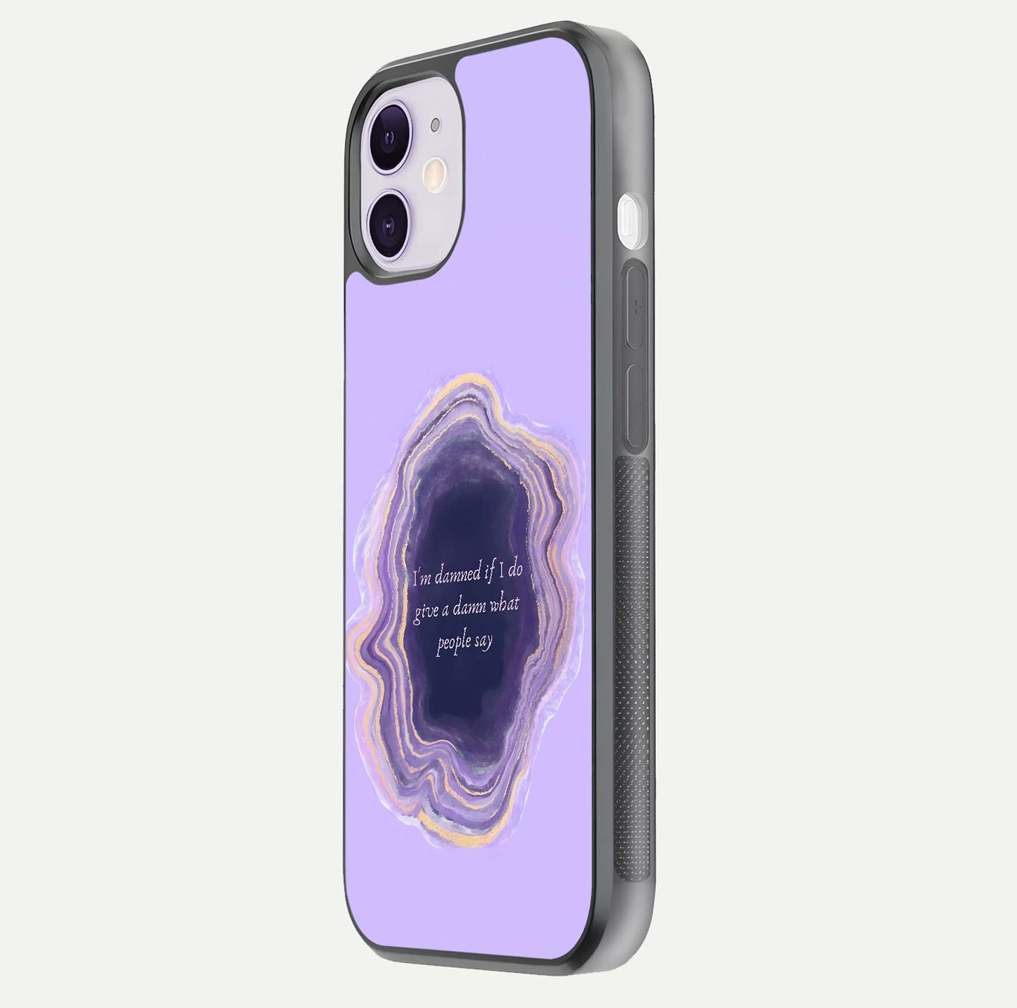 Damned People Quote Glass Case for iPhone 11 side-angle image showing light shine and smooth edges