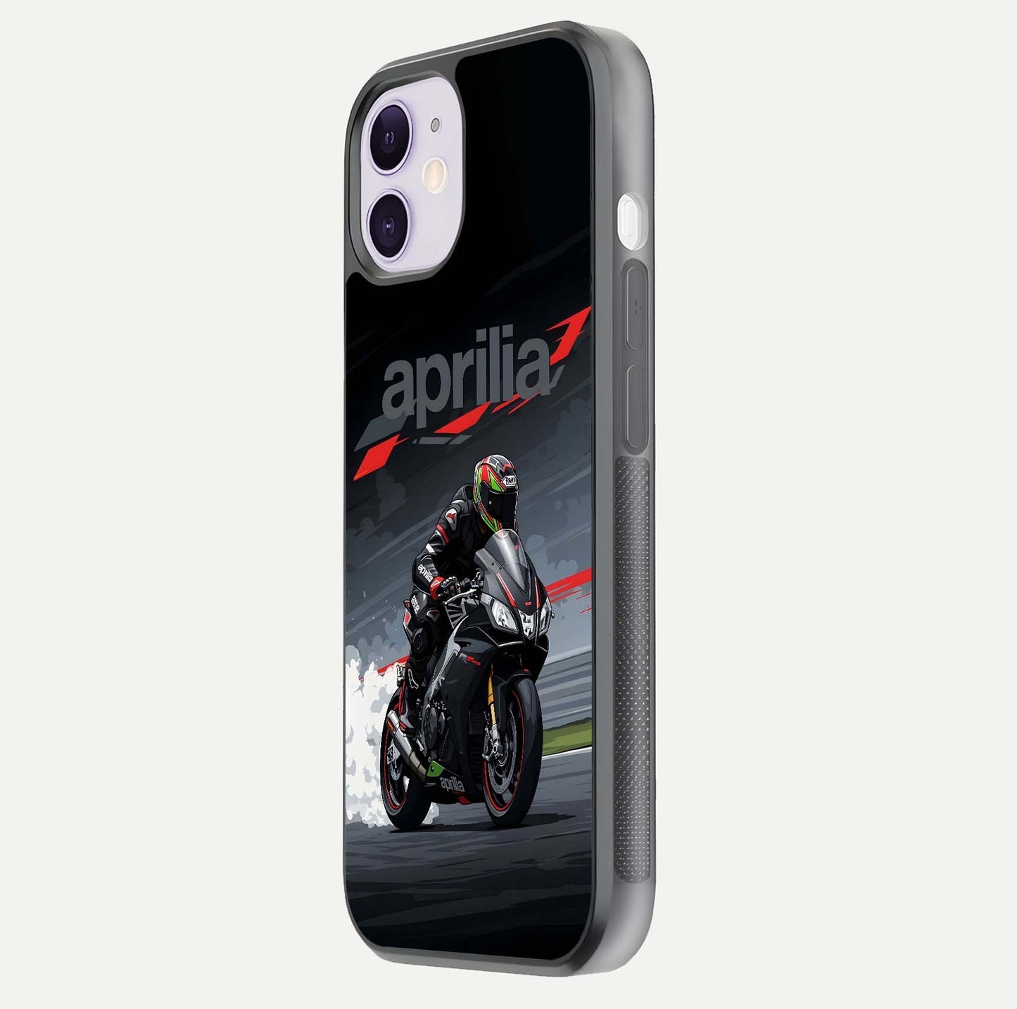 Dark Aprilla Glass Case for iPhone 11 side-angle photo showing reflection gloss and curved edge finish