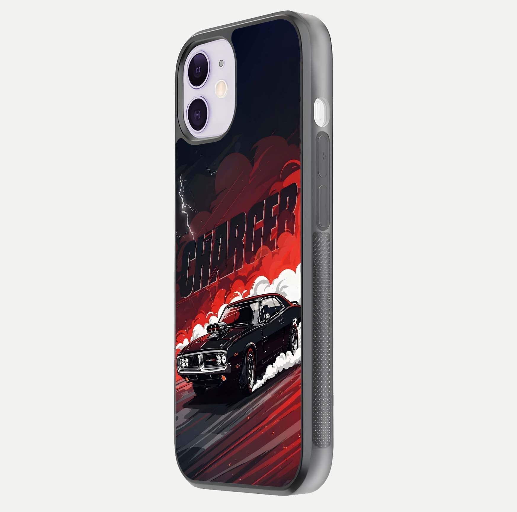 Dark Charger Fury Glass Case for iPhone 11 side-angle image showing edge gloss and bold tone