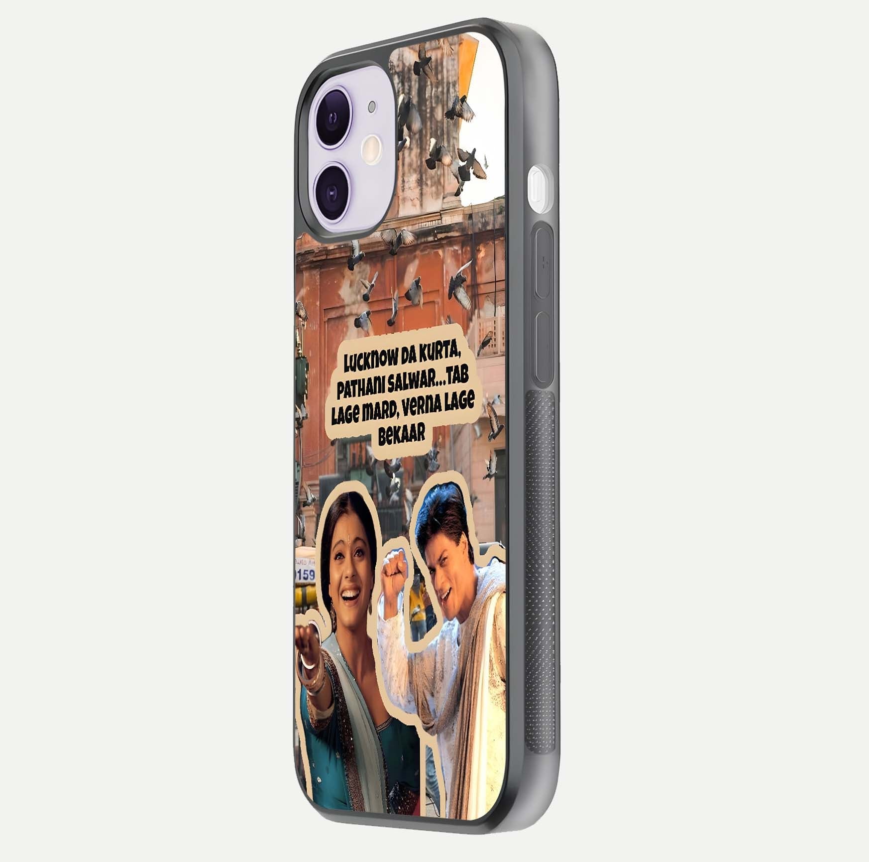 Desi Retro Vibes Glass Case for iPhone 11 side-angle image displaying gloss texture and bold pattern