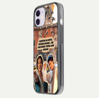 Desi Retro Vibes Glass Case for iPhone 11 side-angle image displaying gloss texture and bold pattern