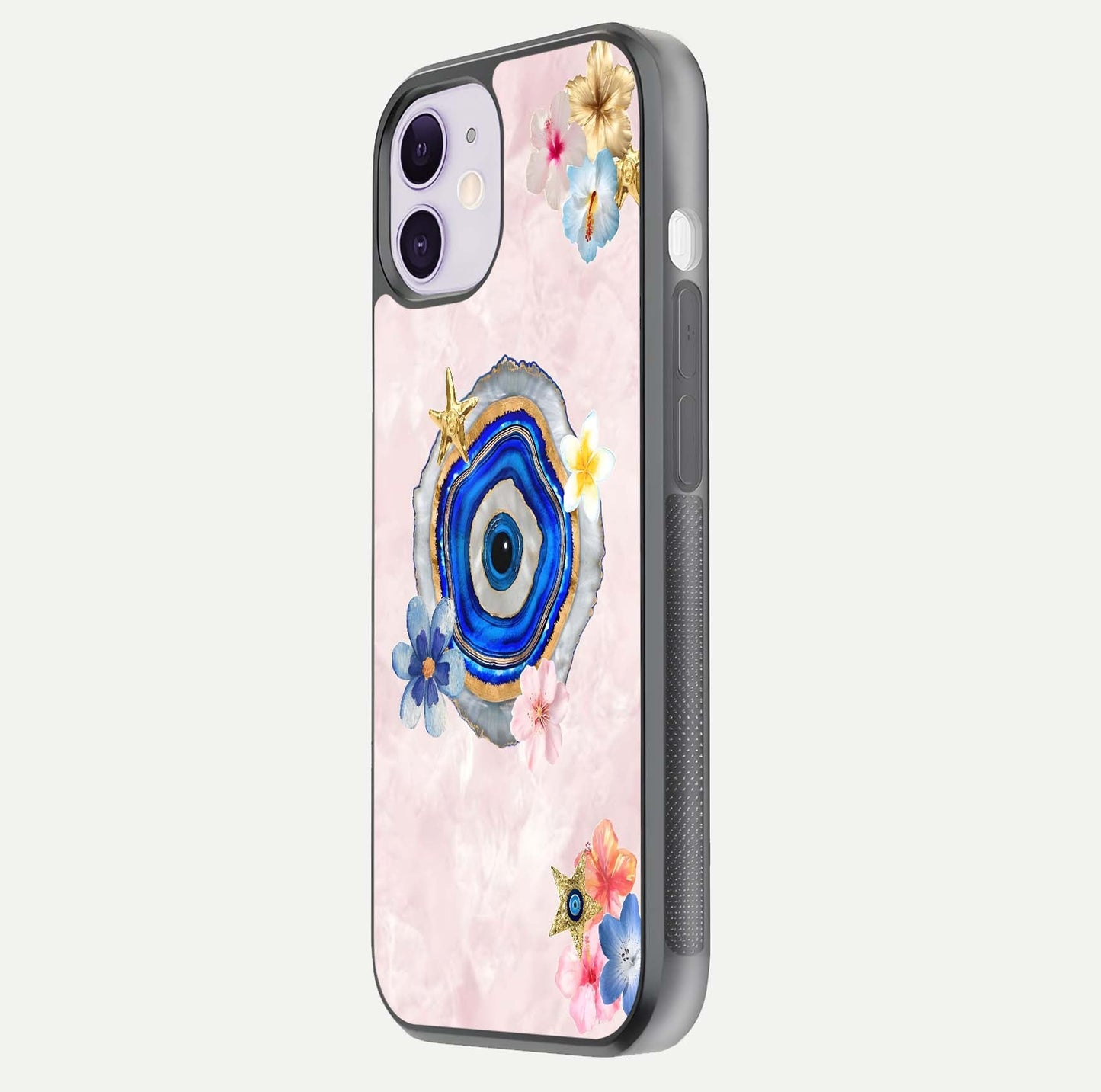 Divine Aura Bloom Glass Case for iPhone 11 side-angle photo capturing reflection glow and premium polish