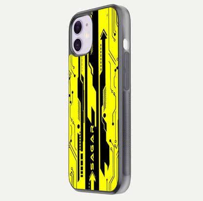 Electric Pulse CYBERPUNK Custom Name Glass Case for iPhone 11 side-angle image showing glossy reflection and edge illumination