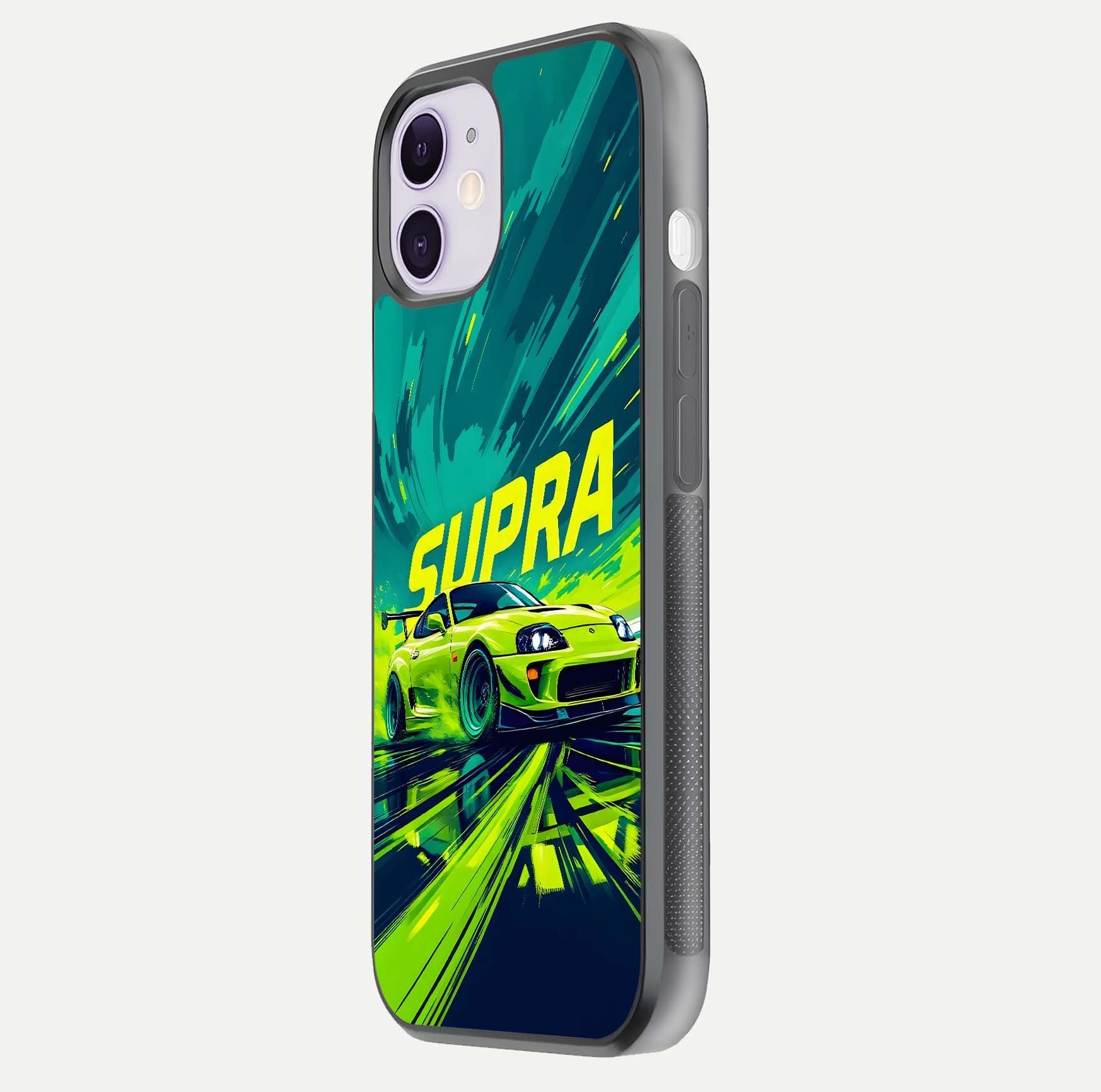 Electric Supra Thunder Glass Case for iPhone 11 side-angle photo showing sleek car outline and reflective shine