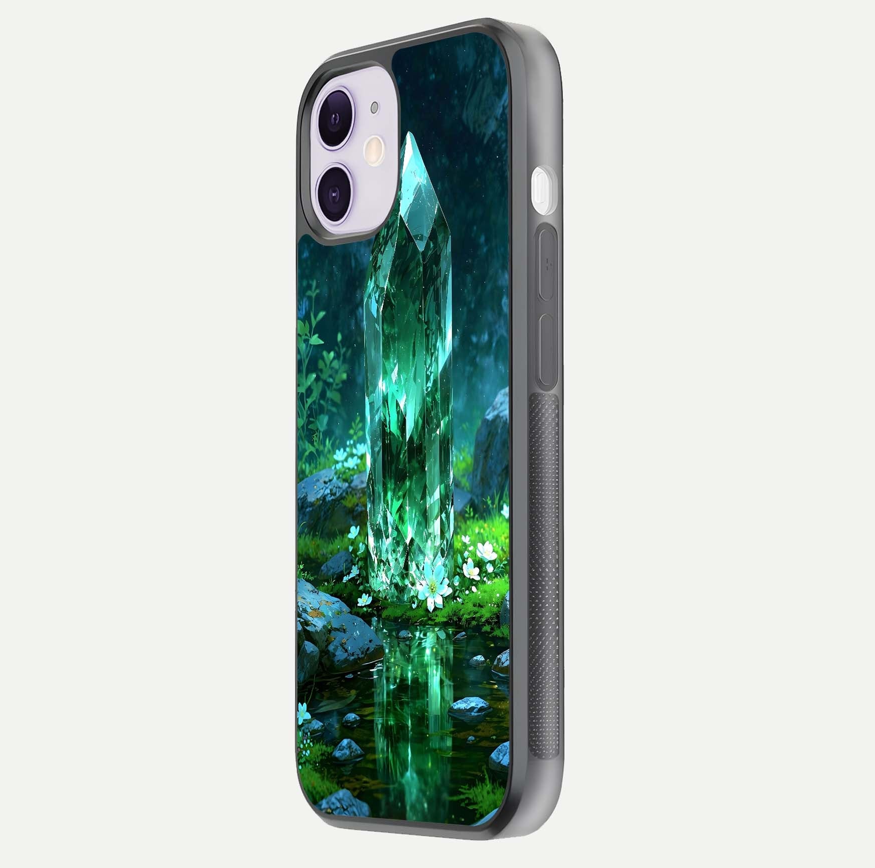 Emerald Light Crystal Glass Case for iPhone 11 side-angle image showing gloss reflection and curved border