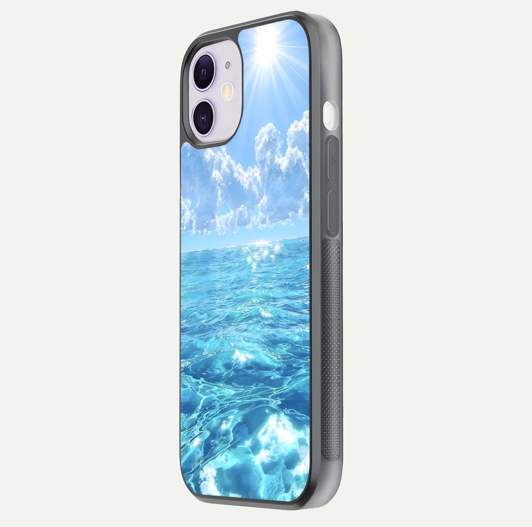 Endless Ocean Horizon Glass Case for iPhone 11 side-angle photo showing reflection glow and wave tone