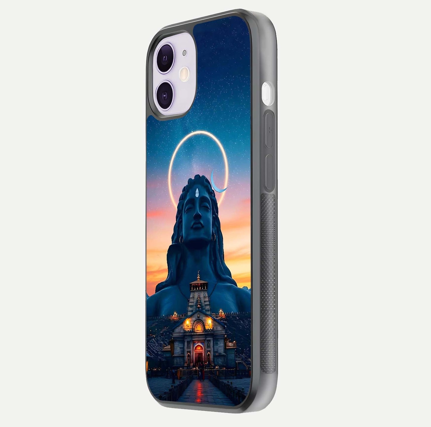 Eternal Shiva Aura Glass Case for iPhone 11 side-angle image showing reflection clarity and rich tone