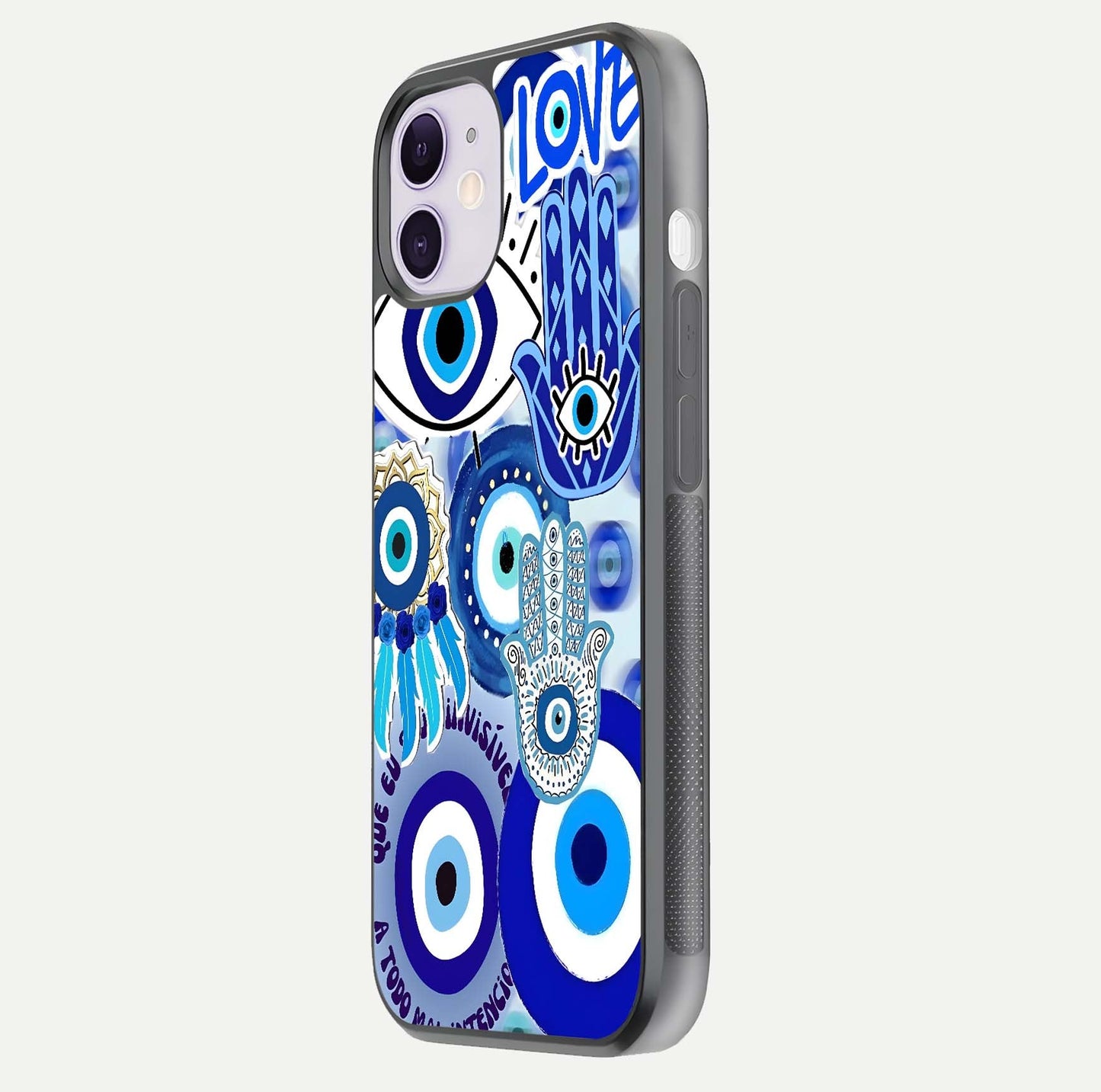 Evil Eyes Dream Glass Case for iPhone 11 side-angle photo capturing smooth edges and reflective texture