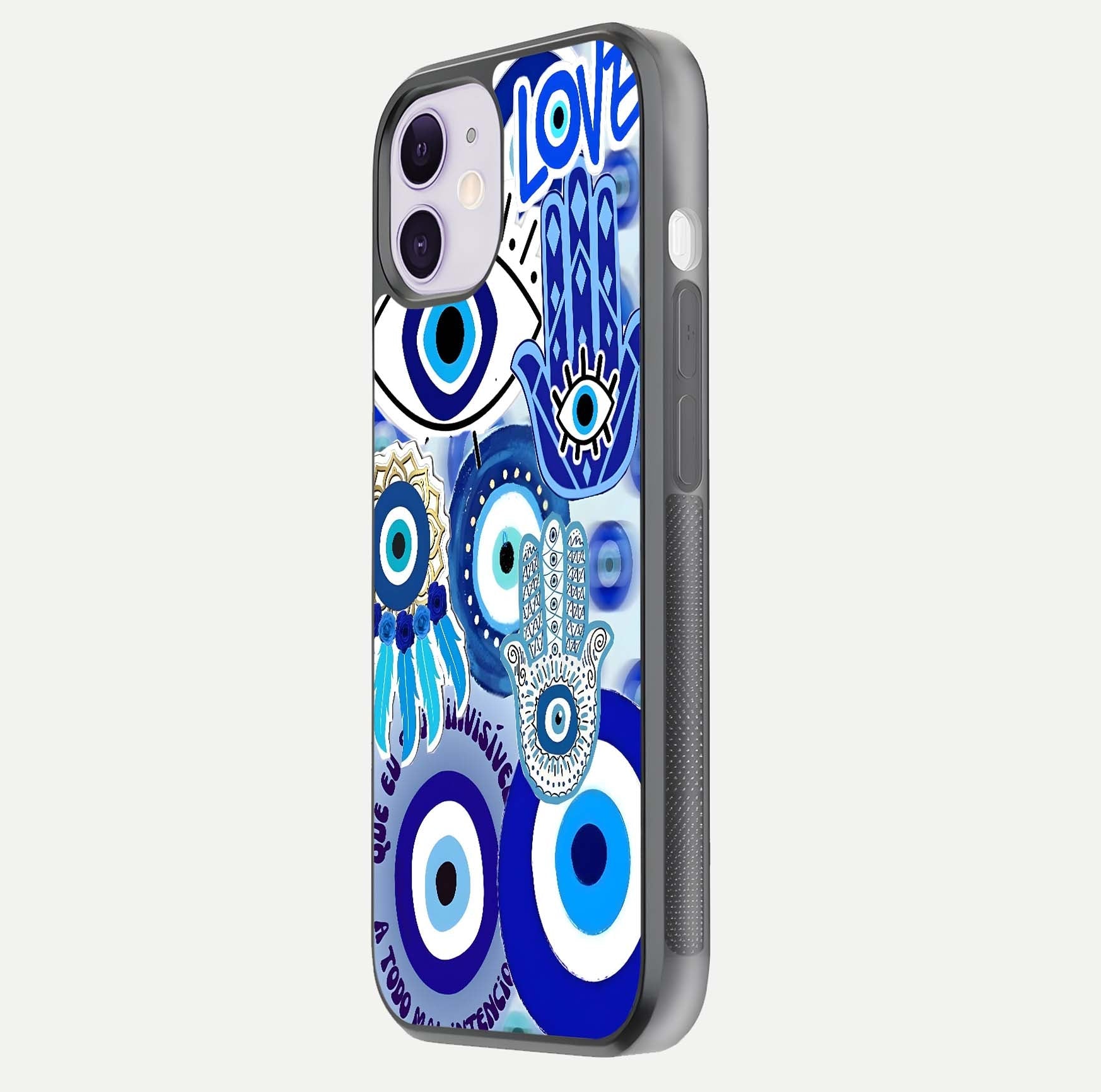 Evil Eyes Dream Glass Case for iPhone 11 side-angle photo capturing smooth edges and reflective texture