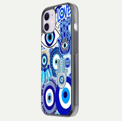 Evil Eyes Dream Glass Case for iPhone 11 side-angle photo capturing smooth edges and reflective texture