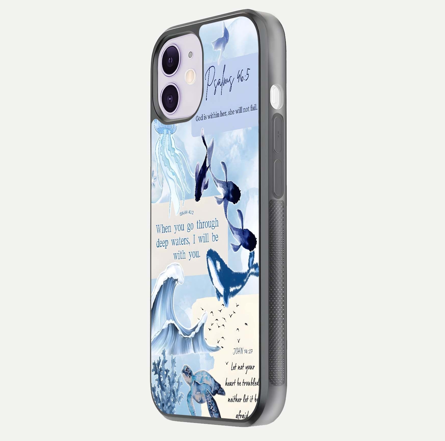Faithful Ocean Promise Glass Case for iPhone 11 side-angle photo showing reflection glow and color clarity