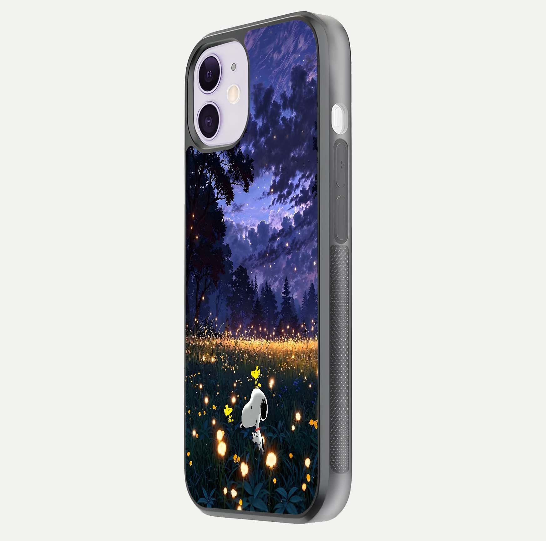 Firefly Meadow Magic Glass Case for iPhone 11 side-angle image capturing glow reflection and fine texture
