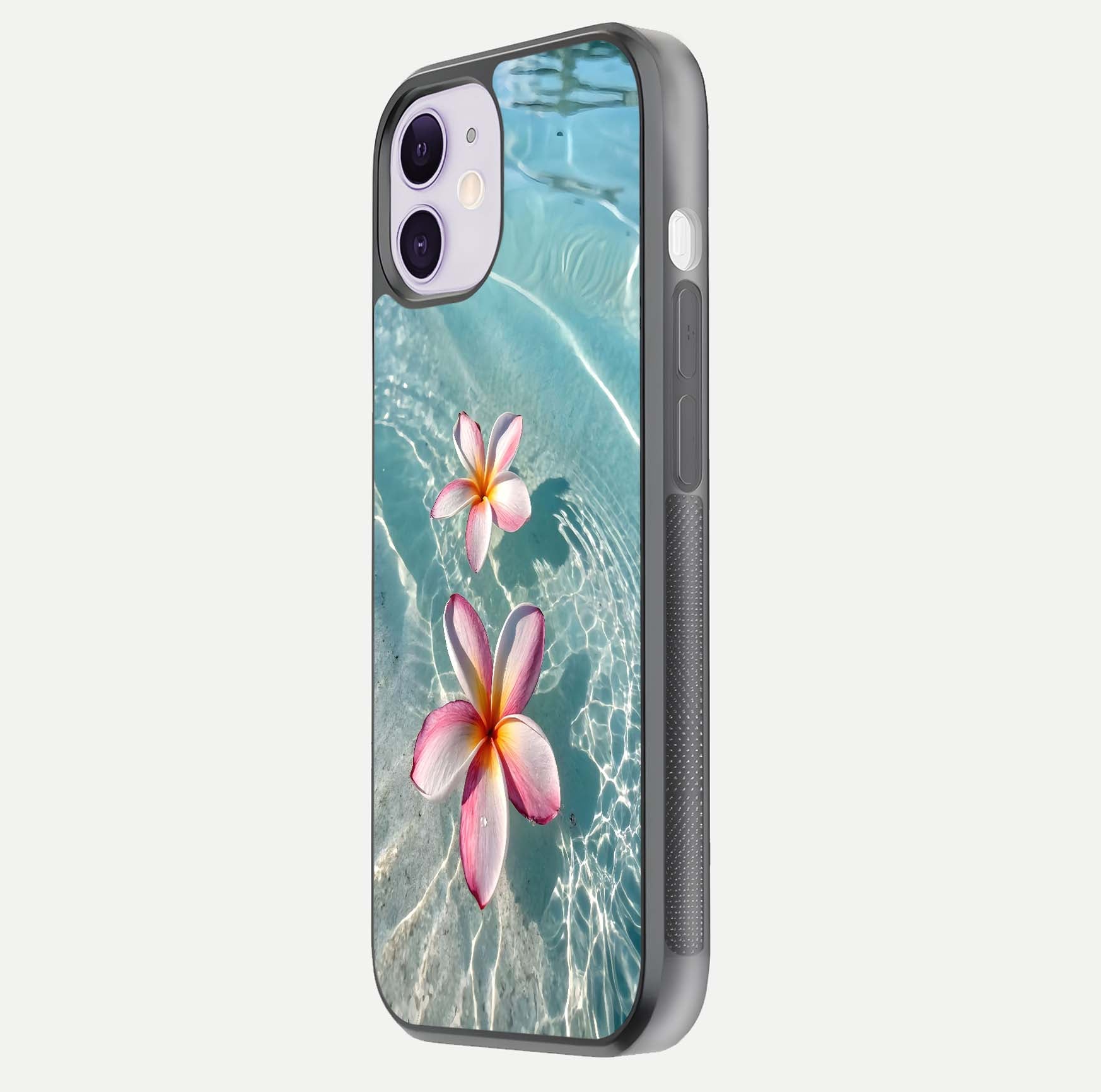 Floating Bloom Bliss Glass Case for iPhone 11 side-angle photo showing smooth reflection and elegant curve