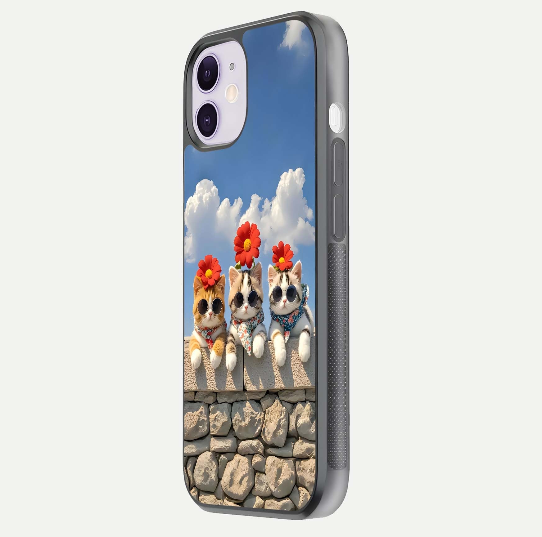 Floral Kitty Squad Glass Case for iPhone 11 side-angle photo showing reflection glow and polished surface