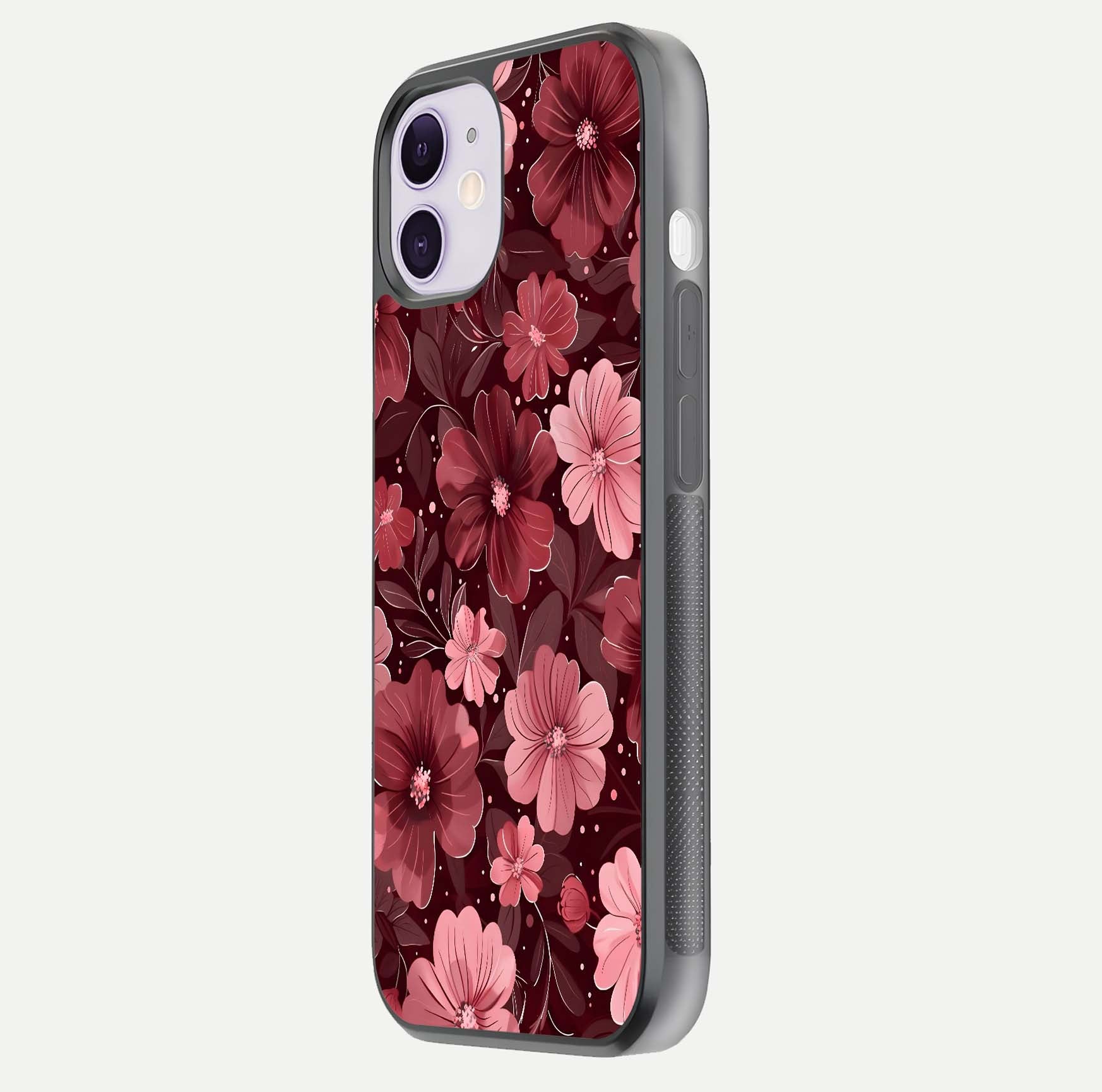 Flower Blush Bloom Glass Case for iPhone 11 side-angle photo showing glass reflection and delicate hues