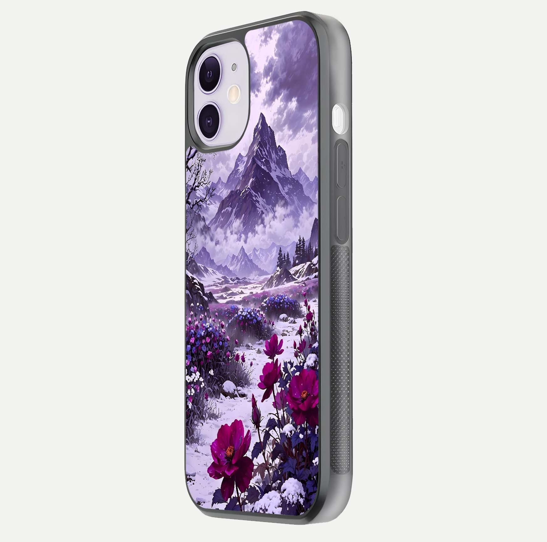 Flower Mountain View Glass Case for iPhone 11 side-angle image showing gloss polish and smooth edge