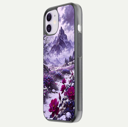 Flower Mountain View Glass Case for iPhone 11 side-angle image showing gloss polish and smooth edge