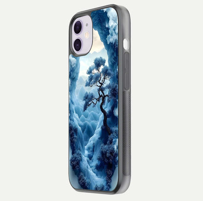Frozen Serenity Gate Glass Case for iPhone 11 side-angle photo showing reflective surface and cold tones